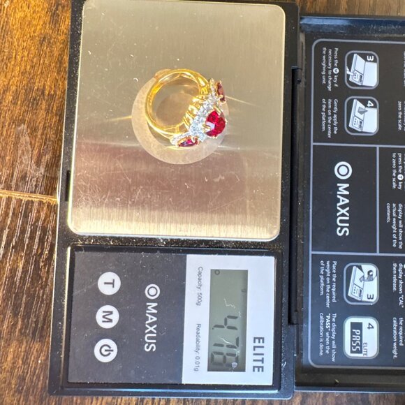 Gold Plated Red & White Gemstone Prong Set Fashion Statement Ring Size 7 - Picture 9 of 11